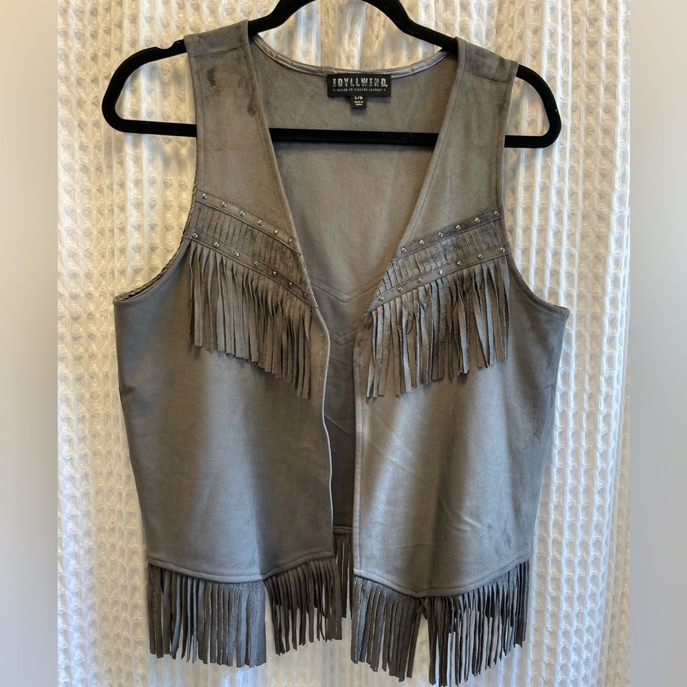 Faux Suede Fringe Vest - Gray -